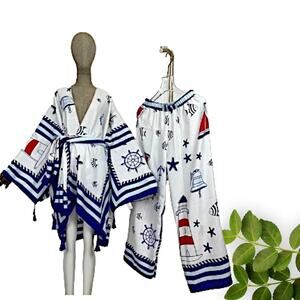 Unisex Elastic Silk Bohemian Print 2-Piece White & Blue Outfit Set‎
